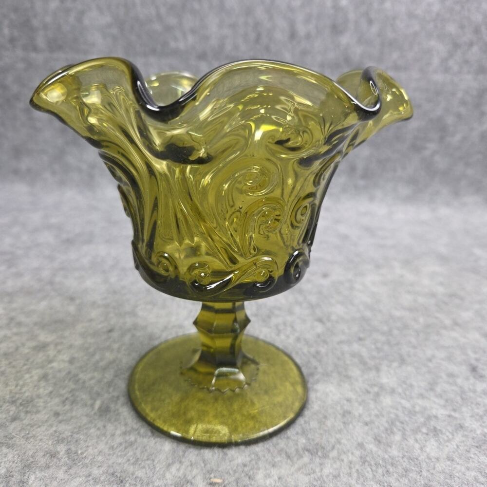 Imperial Atterbury Scroll Green Ruffled Glass Compote Olive Verde Candy Dish